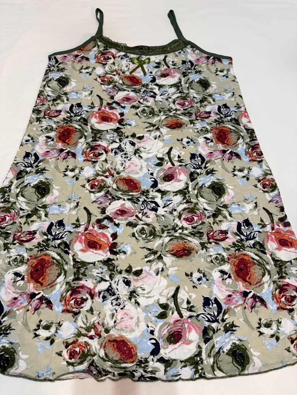 Floral Slip Cotton Dress with Olive Trim M New